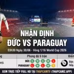 Ảnh bìa tổng quan nhận định trận đấu Đức vs Paraguay vòng 1/16 World Cup 2026, đánh giá lực lượng và phong độ trực tiếp trên nền tảng ThapcamTV.